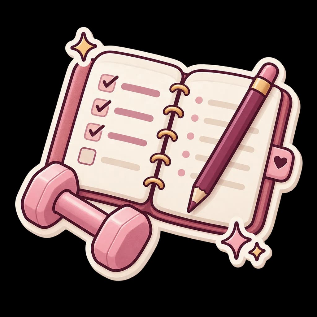 A softly illustrated workout journal and dumbbell